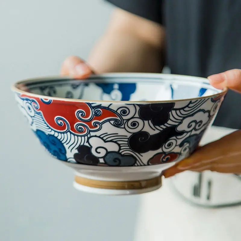 7.5 Inch Chinese Ceramic Noodle Bowl 1000ml Rooster Peony Pattern Large Soup Bowl Retro Porcelain Ramen Bowl Household Tableware
