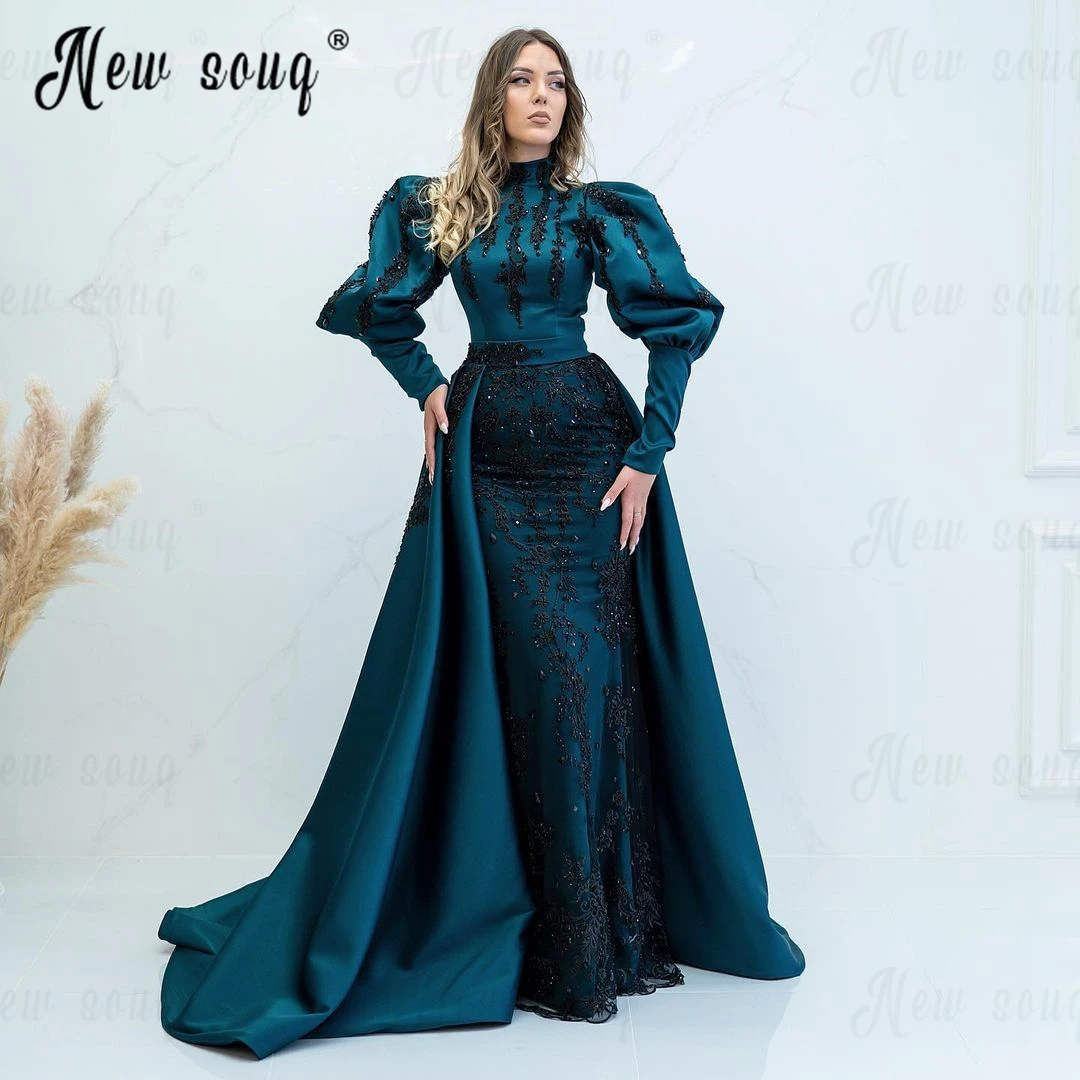 Plus Size Middle East Long Lantern Sleeve Evening Dress With Detachable Train Sparkly Beading Mermaid Formal Promise Party Gowns