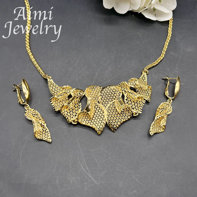 Dubai 24K Gold Plated Necklace Earrings African Nigerian Jewelry Set for Women Luxury Party Bridal Wedding Daily Wear Gifts