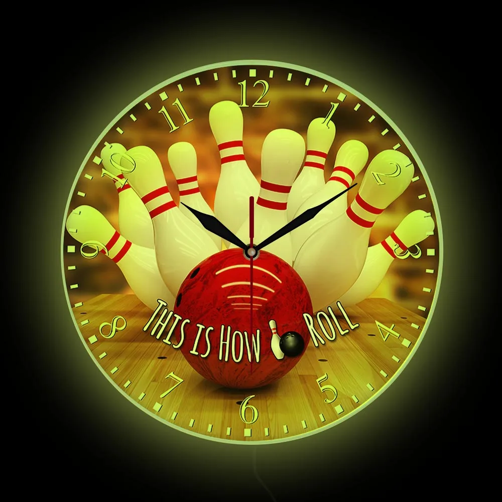 

Bowling Ball And Pins Modern Design Backlit Wall Clock Stadium Decor This Is How I Roll Bowling LED Nightlight Watch Bowler Gift