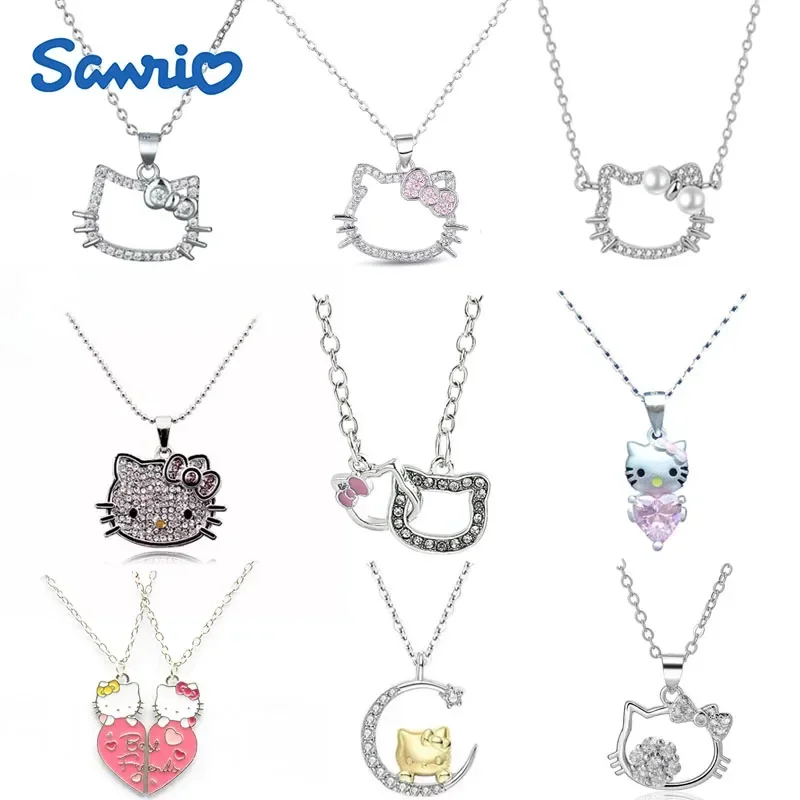 Cartoon KT Cat Necklace Pendant Kawaii Double Ring Clavicle Chain Girlfriend Charms Clasped Anime Chain Y2K Fashion Jewelry Gift