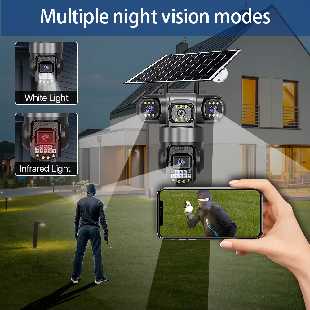 كاميرا 4G تعمل بالطاقة الشمسية، عدسة ثلاثية لاسلكية، كاميرا ويب IP بشاشة ثلاثية، بطارية منخفضة، كاميرات AOV، حماية أمن المنزل الذكي CCTV