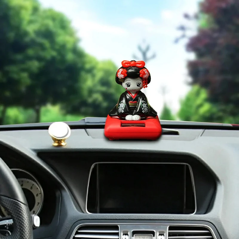 1PC NEW Solar Powered Japanese-Style Doll Car Ornament Kimono Girl Shaking Head Nod Head Cartoon Doll Dashboard Cute Car Decor