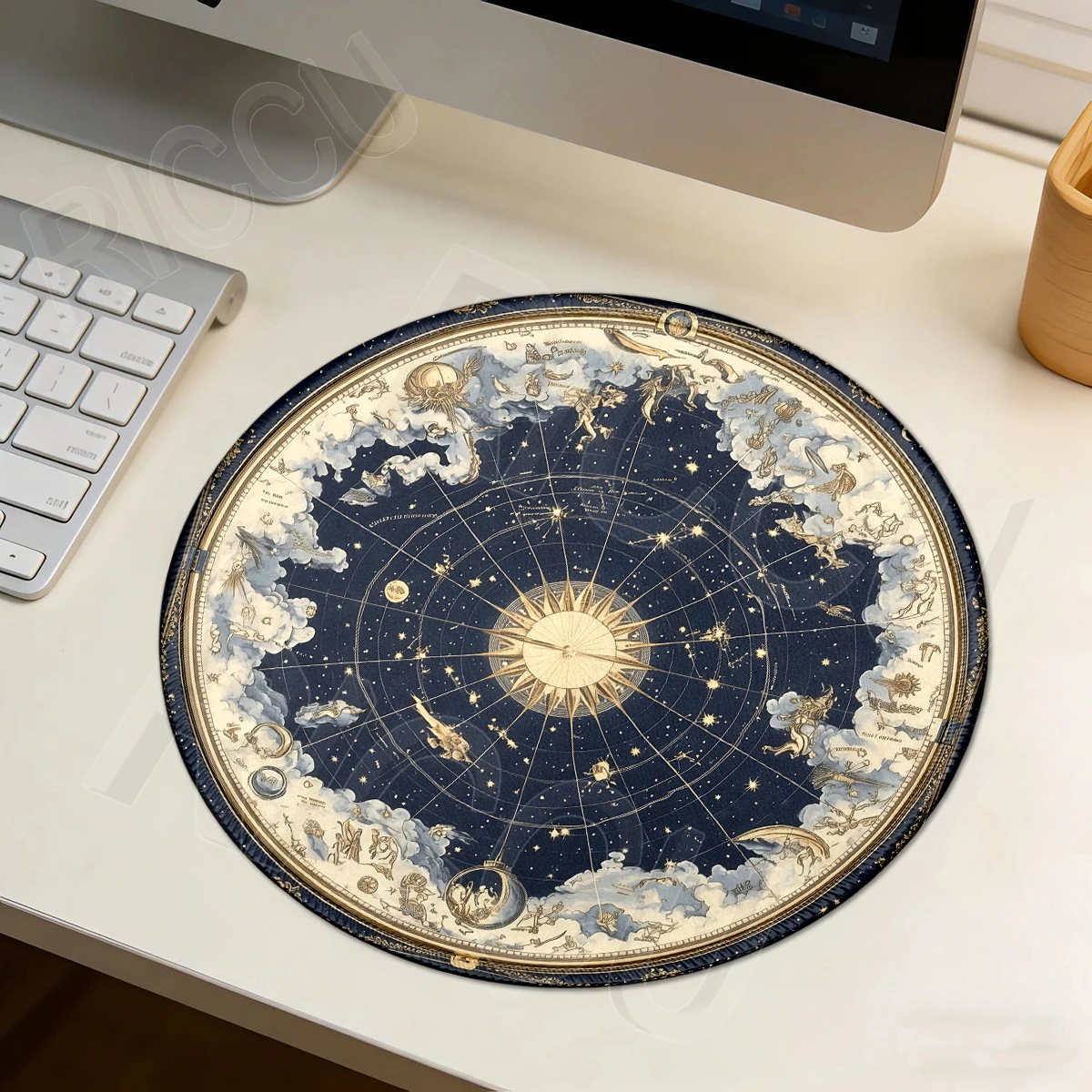 Medieval Vintage Map Round Small Mouse Pad Celestial Bodies Clouds Non-Slip Stitch Edge Rubber Base Desk Mat for PC Accessories