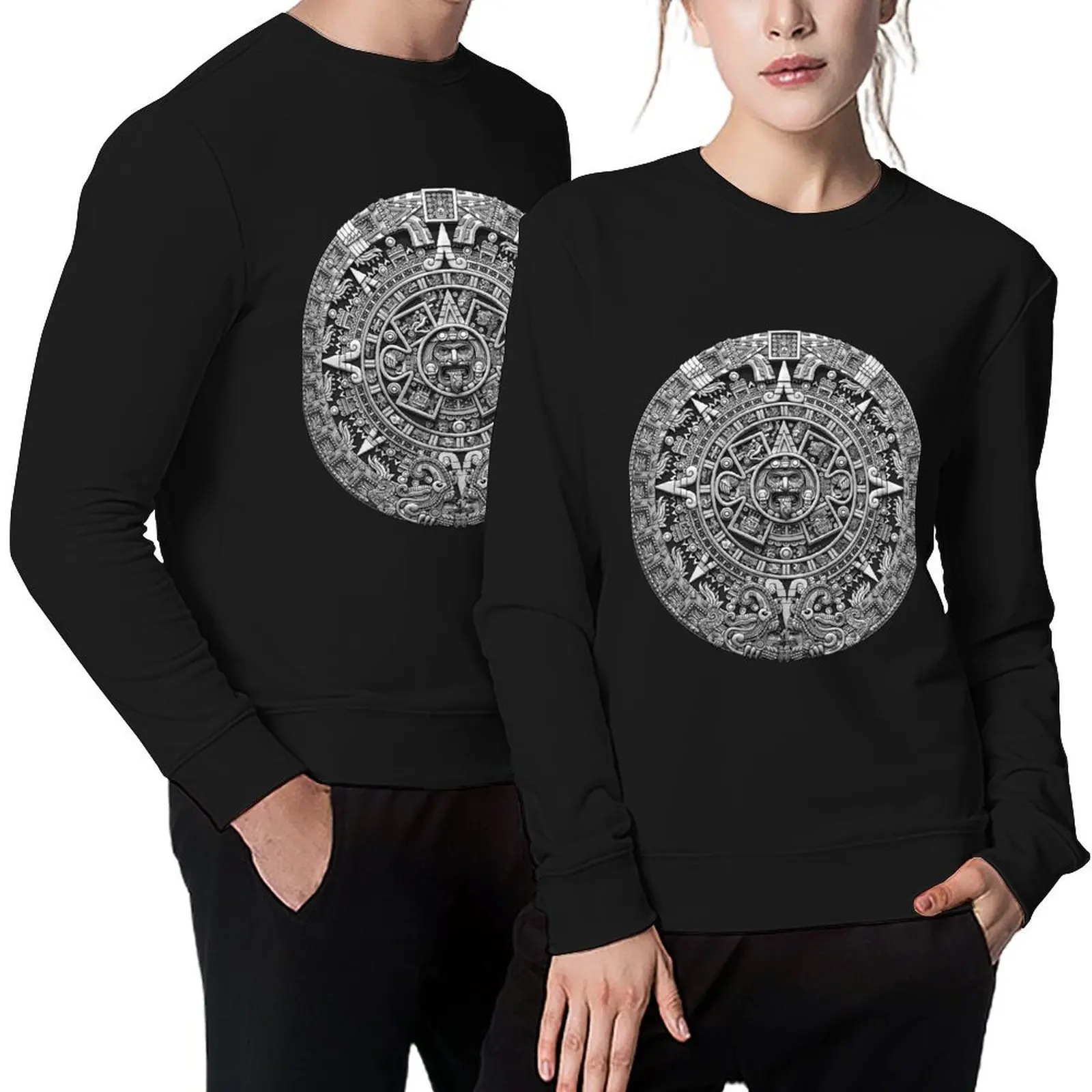

Aztec Calendar Sun Stone - Greyscale Pullover anime clothing korean autumn clothes men clothing tracksuits sweatshirts for men