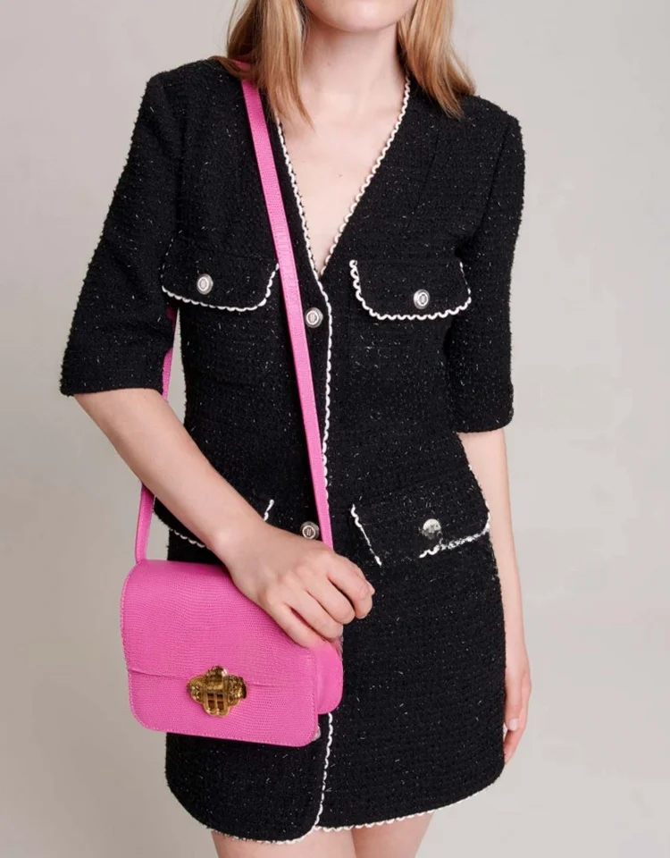 

Ele Bla Tweed ort Dr V-Ne Women's Faion Spring Autumn New Arrival MaSandeM Home High Waist A-Line Skirt