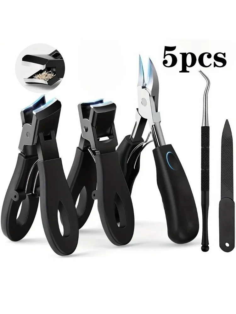 Ensemble de coupe-ongles modernes en acier inoxydable, avec poignée ergonomique, comprend des ciseaux coudés à large bouche, outil pour cuticules, lime à ongles, 5 pièces