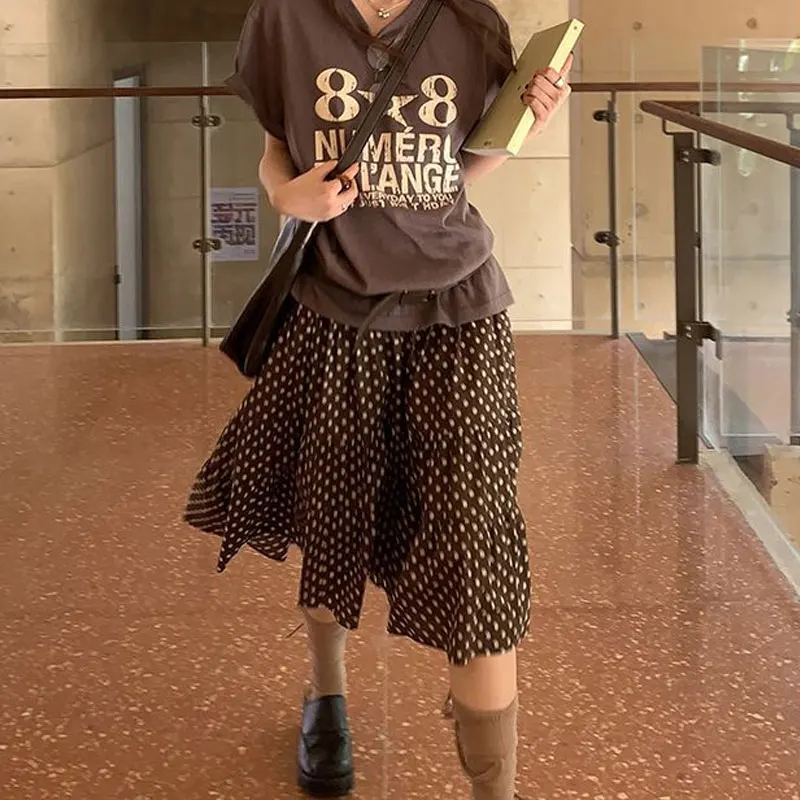 

Female Clothing Vintage Polka Dot Skirts Coffee Fashion Patchwork Summer High Waist Elastic A-Line Korean Layered Knee Skirts