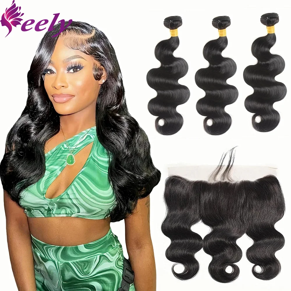 Natural Black Human Hair Bundles 13x4 Lace Frontal Extensions 22 24 26 Inches Brazilian 100% Real Human Hair For Woman Color #1B