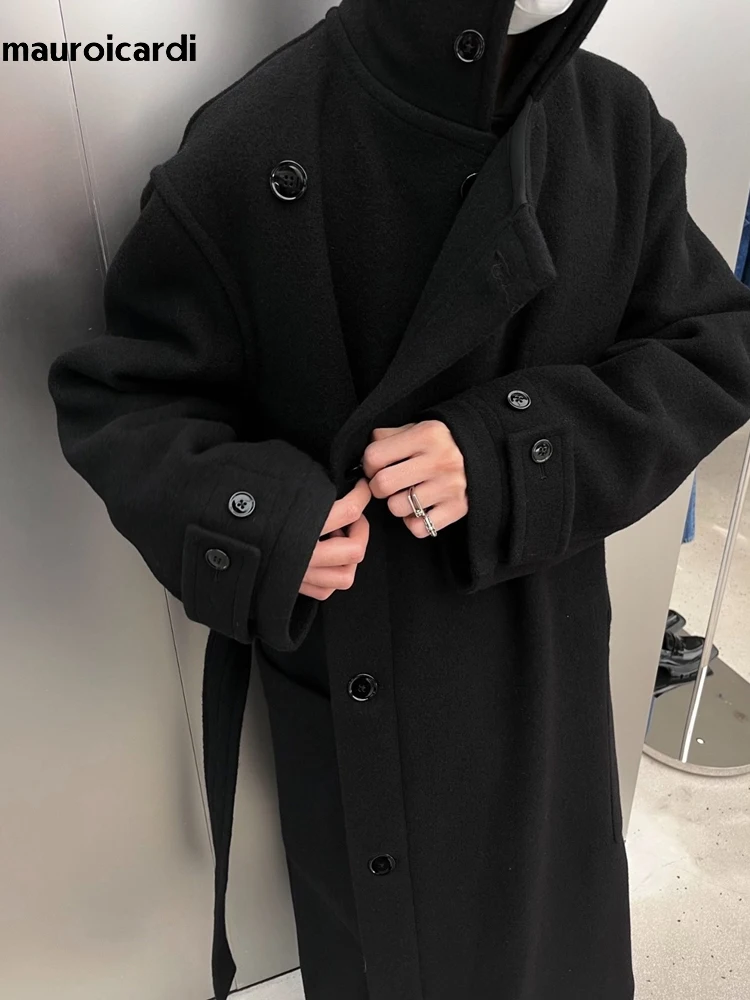 Mauroicardi Autumn Winter Oversized Long Thick Soft Warm Black Wool Blends Coat Men Luxury Designer Clothes Woolen Overcoat 2024