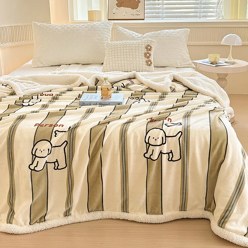Cartoon Style Lamb Wool Printed Blanket Autumn Winter Thick Bedding Blanket for Single Double Napping Shawl for Office Sofa