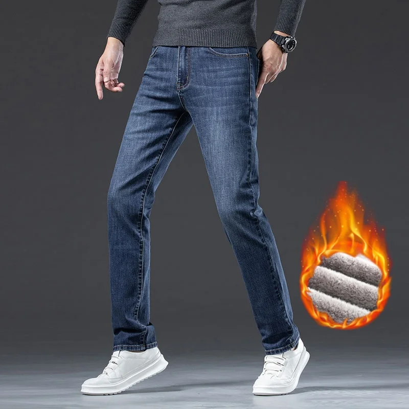 Nuovi jeans spessi invernali per pantaloni in denim dritti sottili elastici caldi in pile da uomo Pantaloni casual in velluto da lavoro Pantaloni da uomo di marca