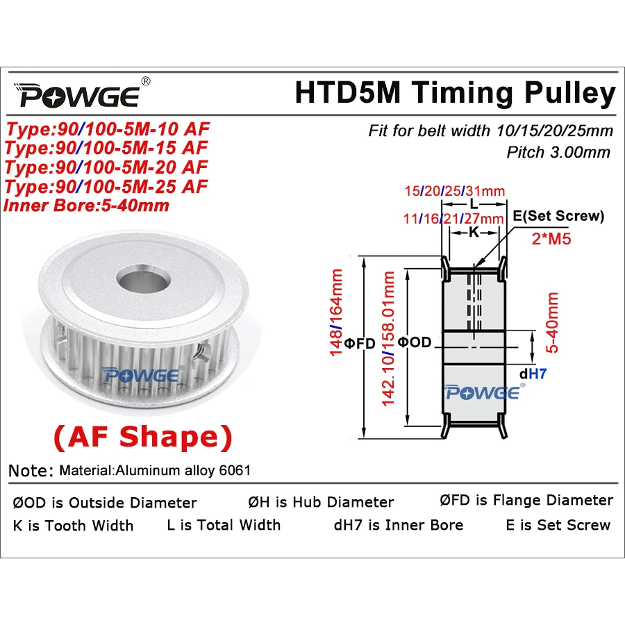 POWGE 90 100 teeth HTD 5M Timing Pulley Bore 10/12/14/15/16/17/18/19/20/25/30/35/40mm for HTD5M belt width 15/20/25mm 90T 100T