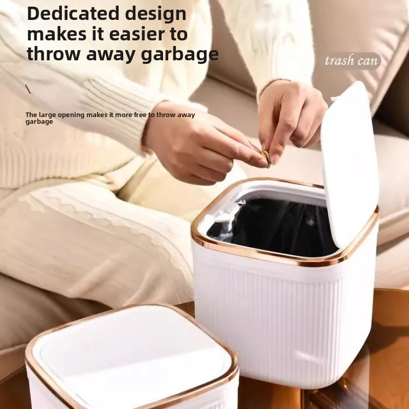 

Fashion Light Luxury Desktop Trash Can Cute Household Desk Paper Basket with Lid Inner Bucket for Living Room Office