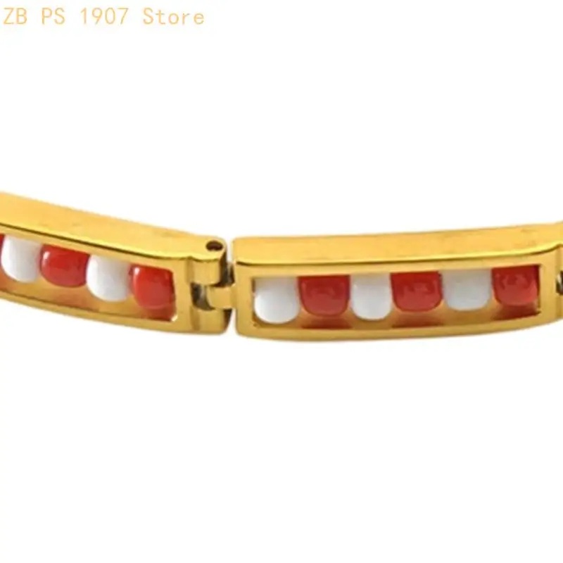 Gold Tone Wrist Bracelet with Beaded Link Design and Decorative Segment Detail for Everyday Styling and Stacking 55KA