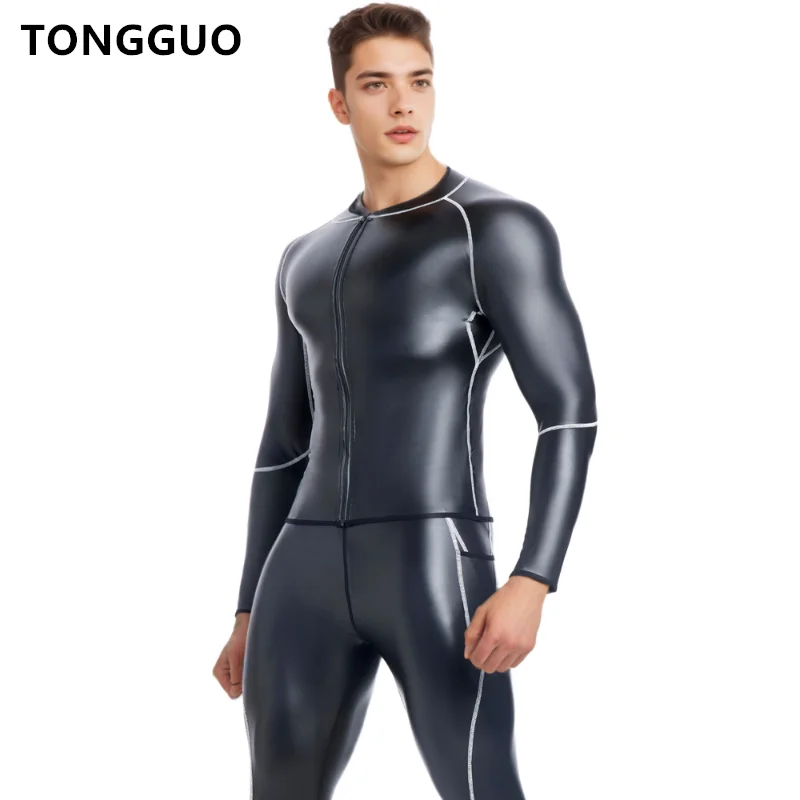 

New Waist Trainer Corsets Zipper Shirts Men's Stand Collar Body Shaper Leather Jacket White line Faux Leather Long Sleeve Shirt