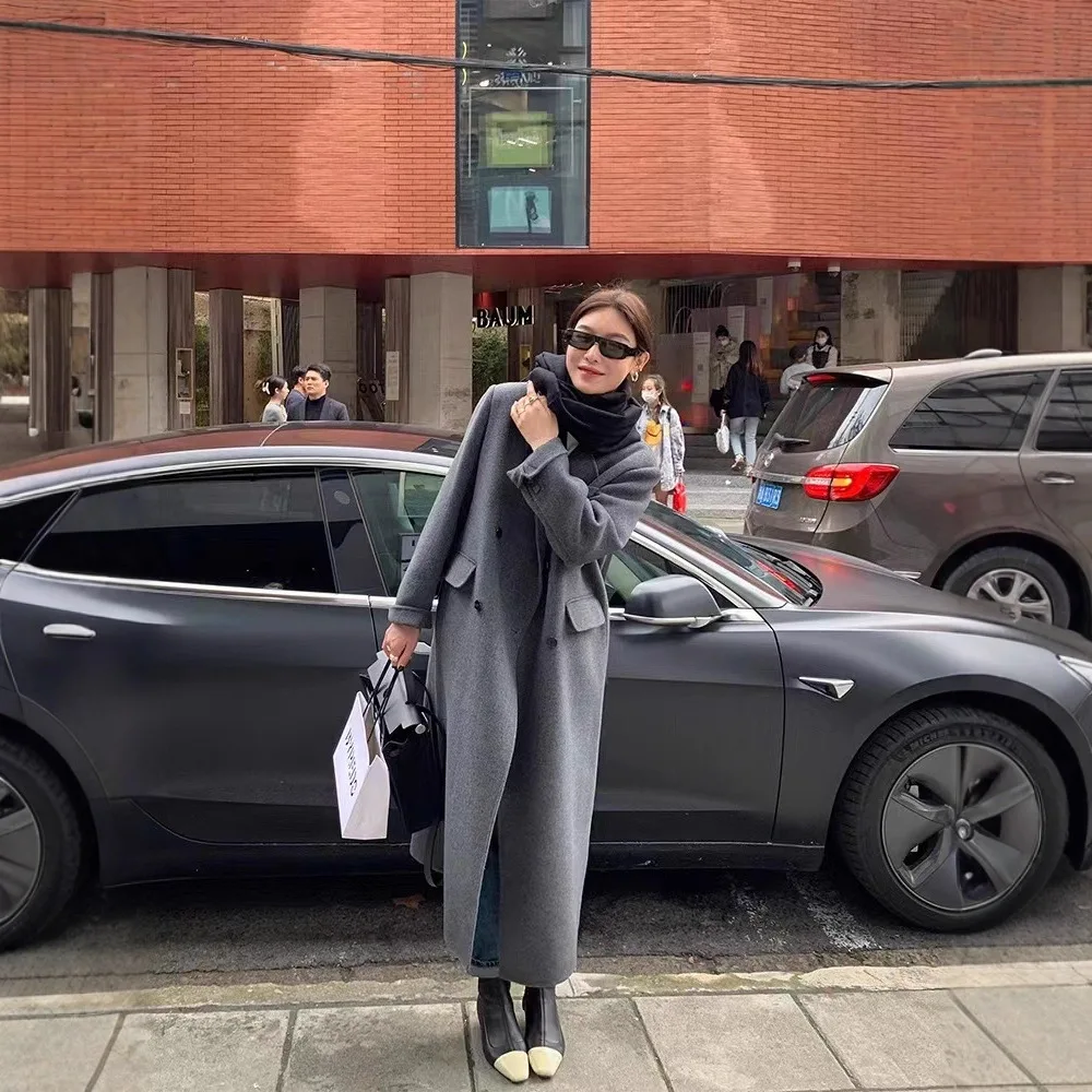 

Winter Jacket Shoulder Pads Blazers Double-sided Wool Coat Double-breasted Suit Collar High end Commuter Long Coats for Women