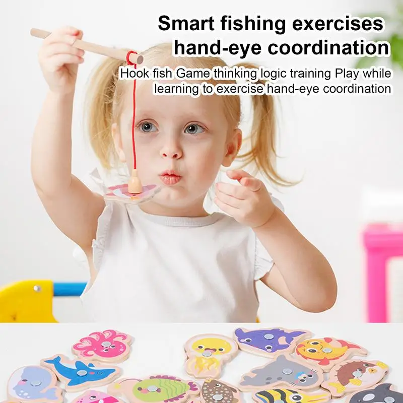 Montessori Wooden Magnetic Fishing Toys Marine Life Cognition Fish Games Early Educational Toy for Kids Parent-child Interactive