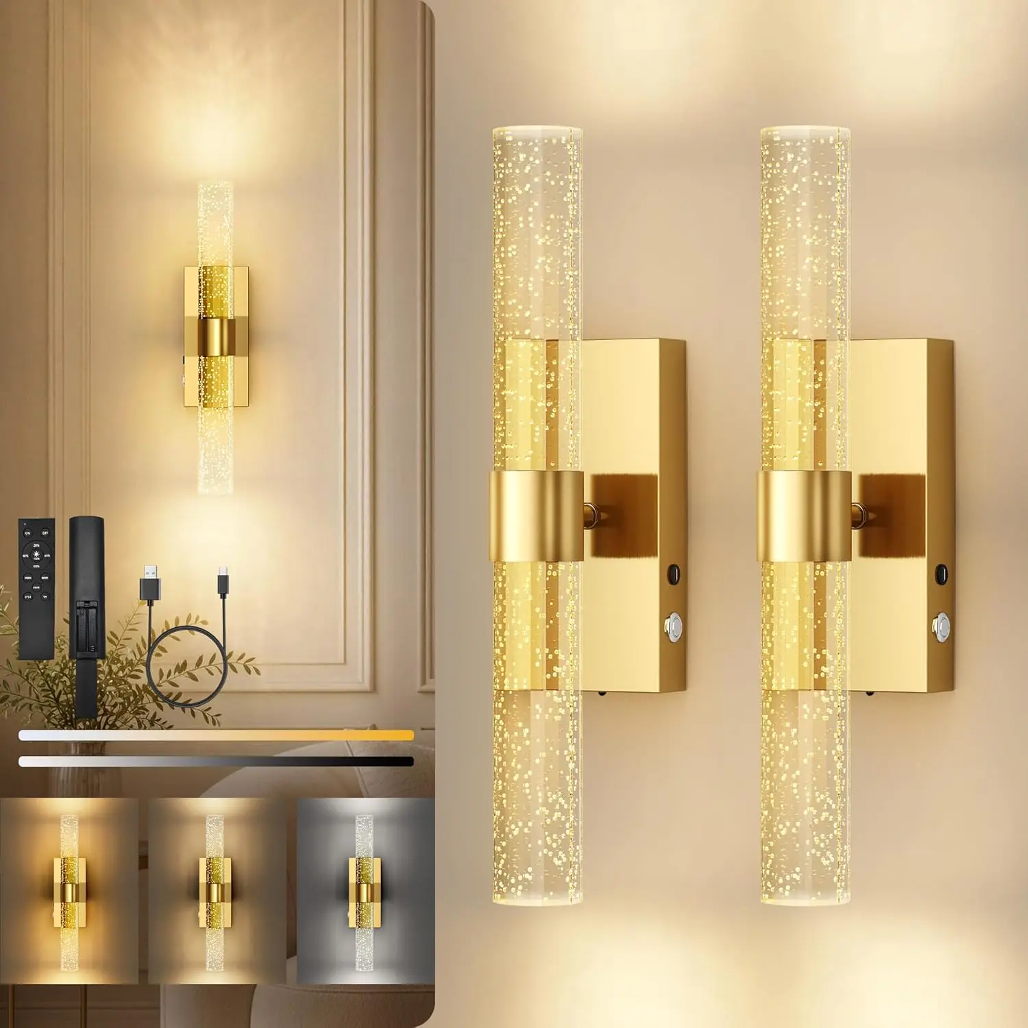 10000mAh Battery Operated Wall Sconces Set of 2, Gold, 15.3 Inch, 3CCT