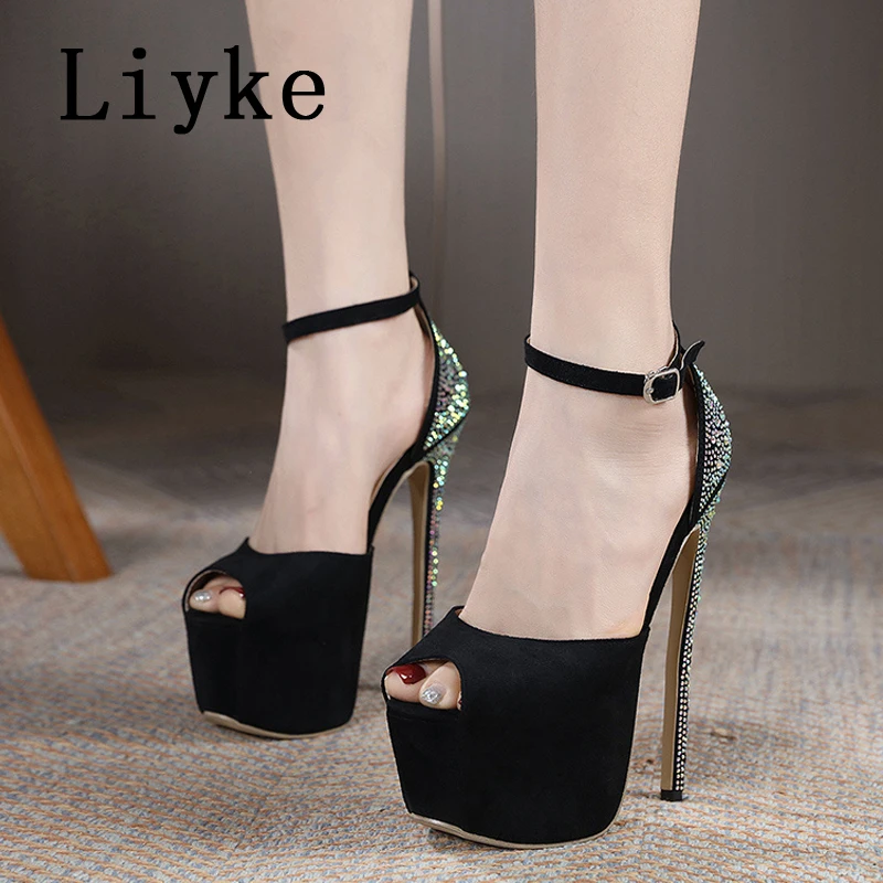 Liyke Runway Style Rhinestones Women Super High Heels Sexy Sandals Open Toe Ankle Buckle Strap Platform Shoes Stiletto Mujer