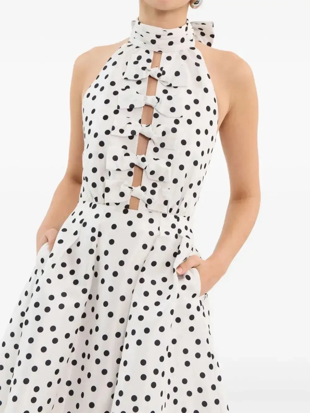 Abiti da ballo a pois bianchi neri con fiocco ritagliato Abiti da festa eleganti Senza maniche alla caviglia con motivo a spalle scoperte