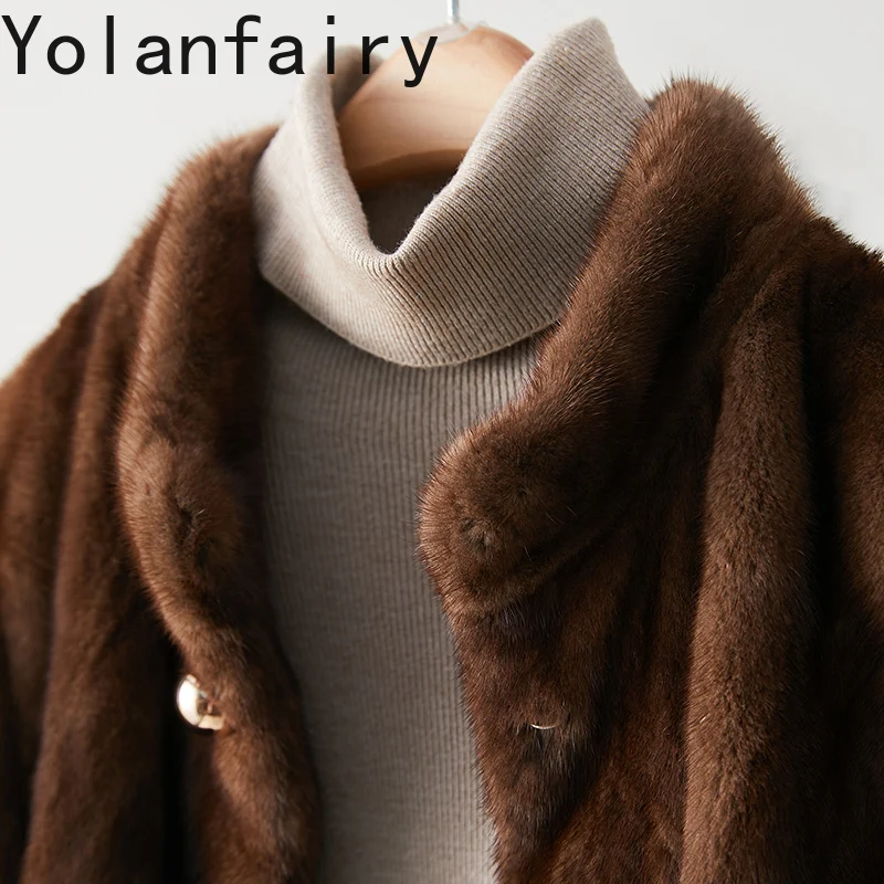 YOLANFAIRY 천연 밍크 퍼 자켓 여성용 2025 가을 겨울 짧은 천연 퍼 코트 여성용 스탠드 칼라 긴 소매 퍼 코트