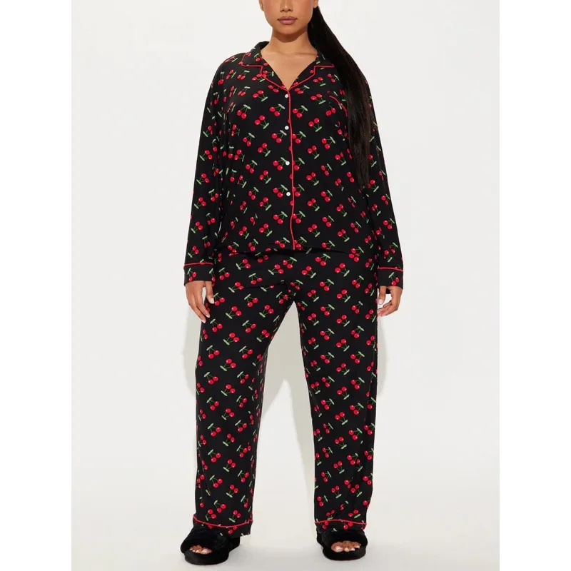 2-delige set dames pyjamaset met print, revers, lange mouwen, top en broek, casual loungewear, nachtkleding