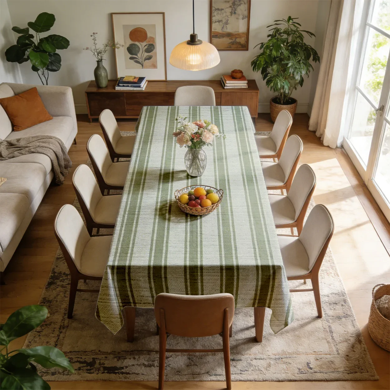 Tablecloth 2D Flat Printing - 1 piece. Striped style. Olive green and off-white color combination. yzb