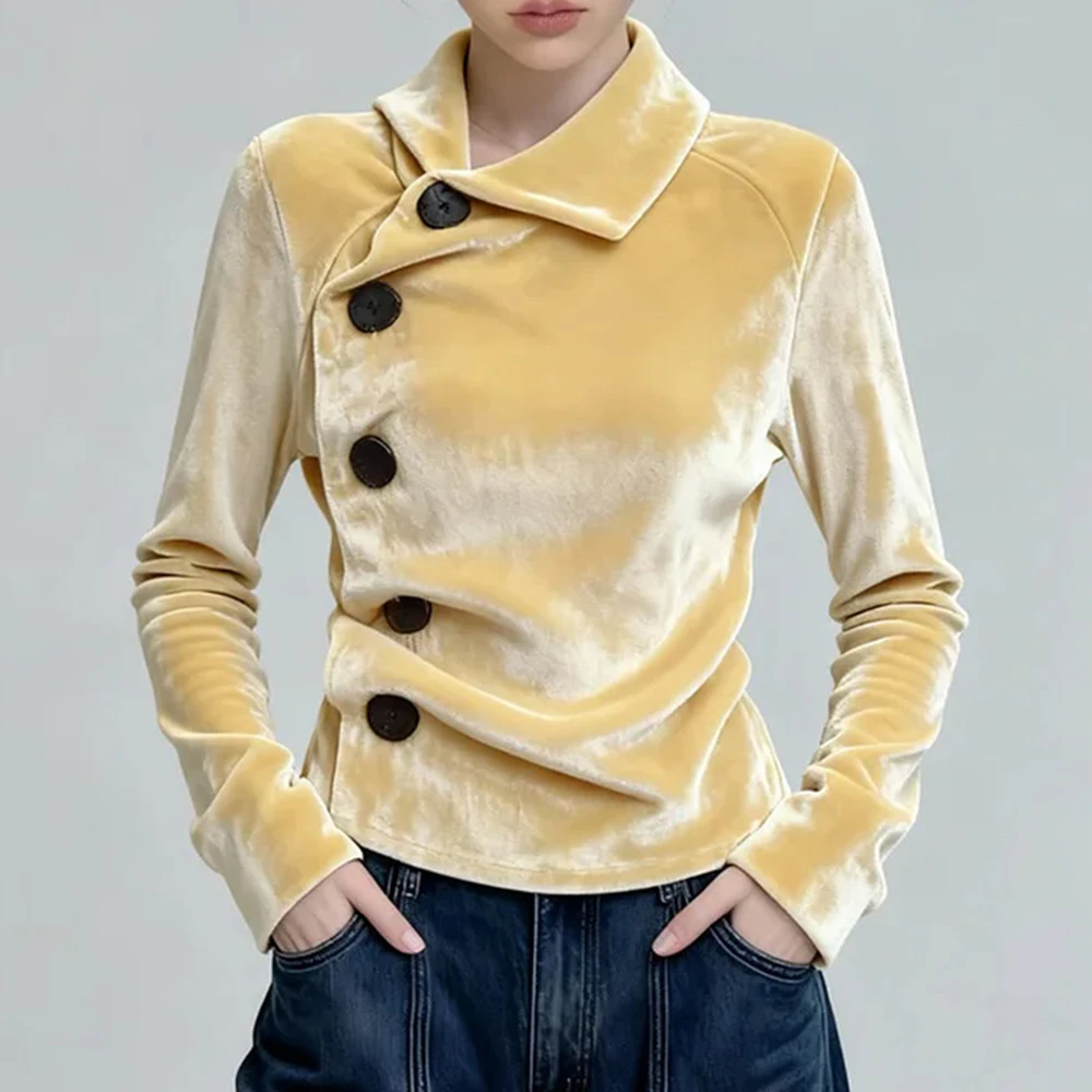 

2026 unique and super good-looking yellow velvet shirt, new Chinese style, with diagonal placket inside, waist bottom top
