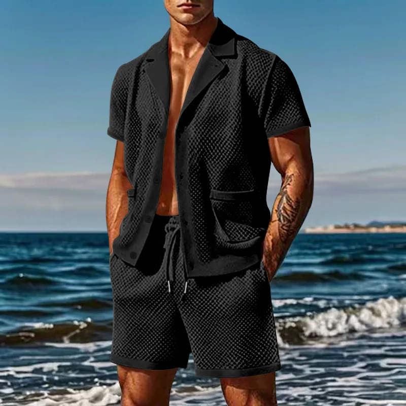 2-Piece Outfit for Men Summer Breathable Mesh Lapel Collar T-Shirt and Shorts Sets Cool Sexy Hollow Fabric Design Beach Clothing