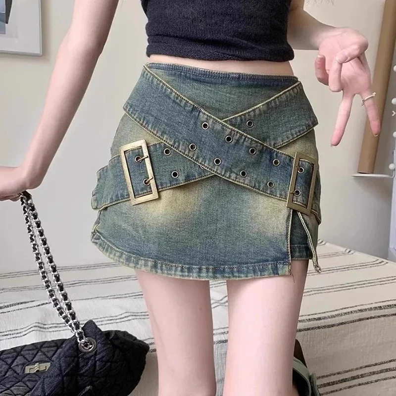 

Hot girl washed vintage design patchwork half body denim skirt for women, high waist slimming and hip hugging A-line skirt