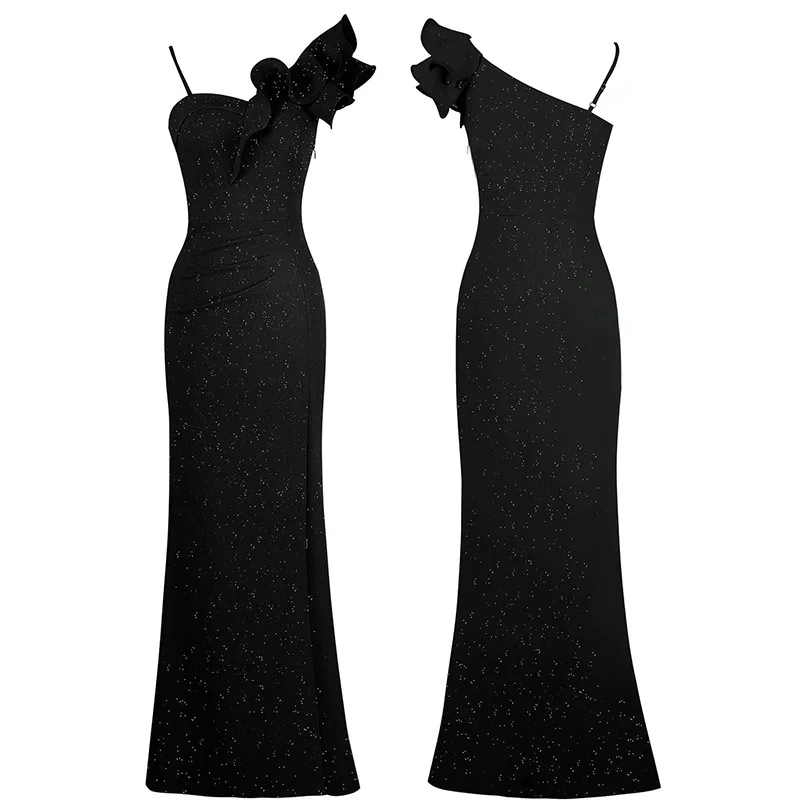 2025 新しい夏のワンショルダー女性パーティードレスエレガントなフリル黒ボディコン蓮の葉エッジストラップステージ宴会女性のドレス