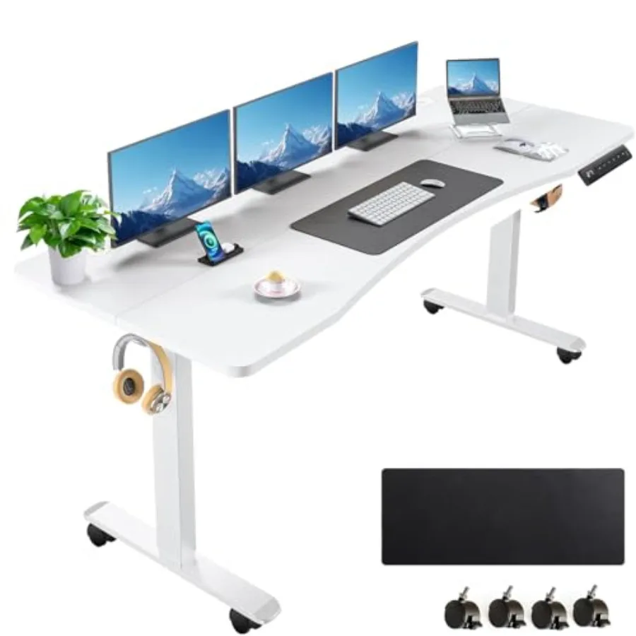 Standing Desk 63 x 24 in Adjustable HeightElectric Stand Up Desk Curved Sit Stand Home Office Computer Desk with casters se pad