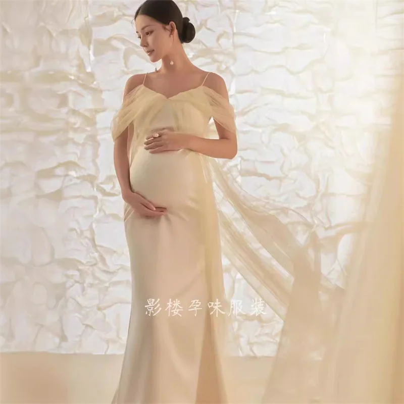 Maternity Elegant Strapless Dress Pregnant Women Photography Dress Baby Shower Party Dress Studio Shooting Props