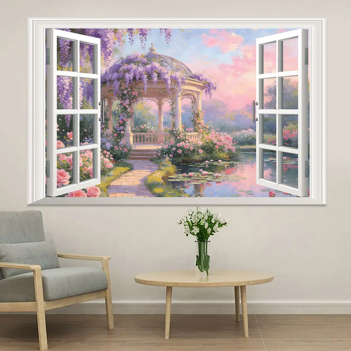 1pc Dreamy Garden Pavilion 3D Faux Window View Wall Sticker Removable Mural For Bedroom Living Room Romantic Home Wall Art De