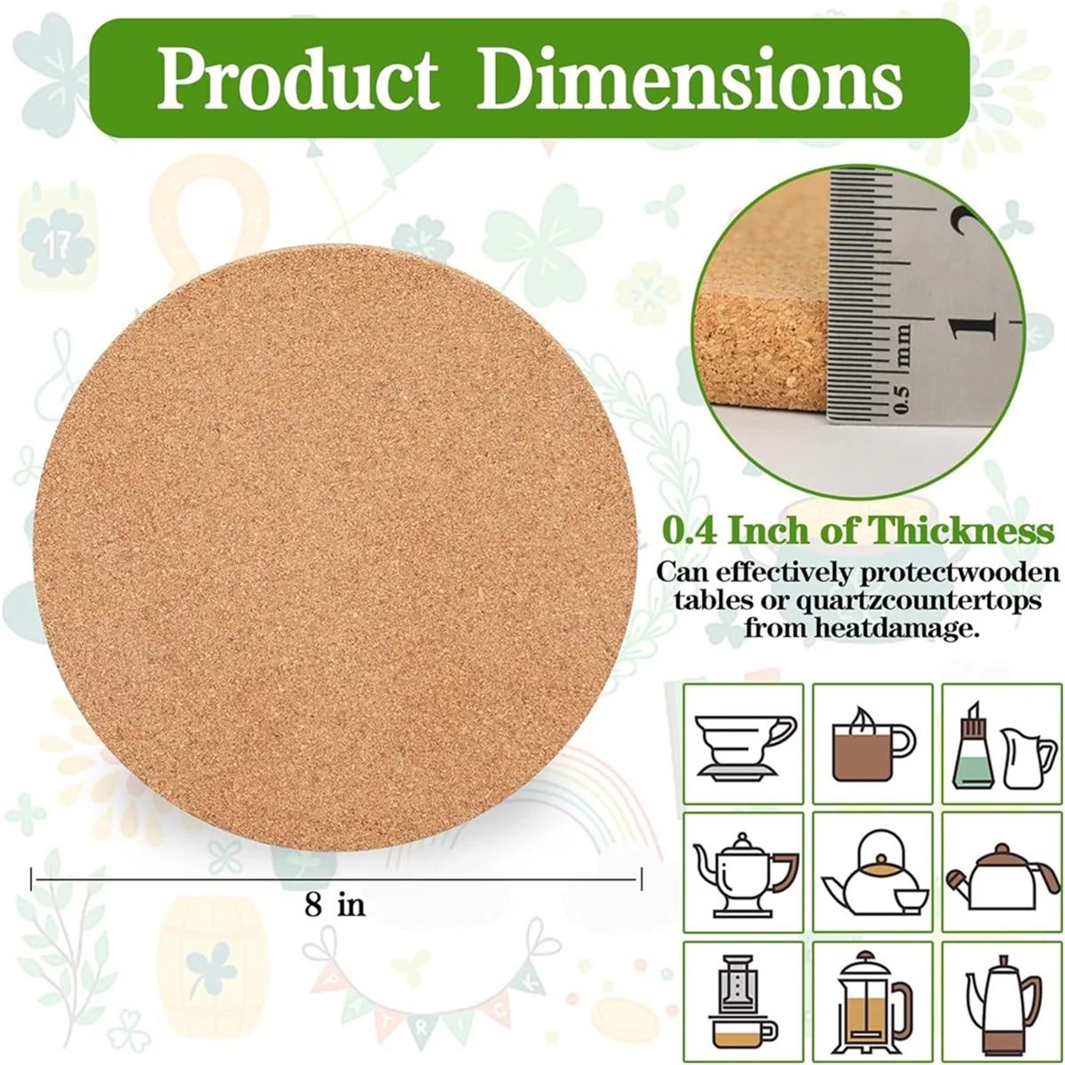 코르크 삼발이, 6팩 고밀도 두꺼운 코르크 컵 받침 세트, 뜨거운 요리용 8인치 내열성 다기능 코르크 삼발이 ST
