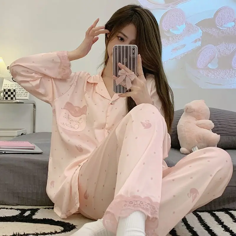 2023 New Spring Autumn Sikl Stain Lovely Women Pajamas Sets Lace Trim Single Breasted Pink Loungewear Sweet Ladies Home Clothing