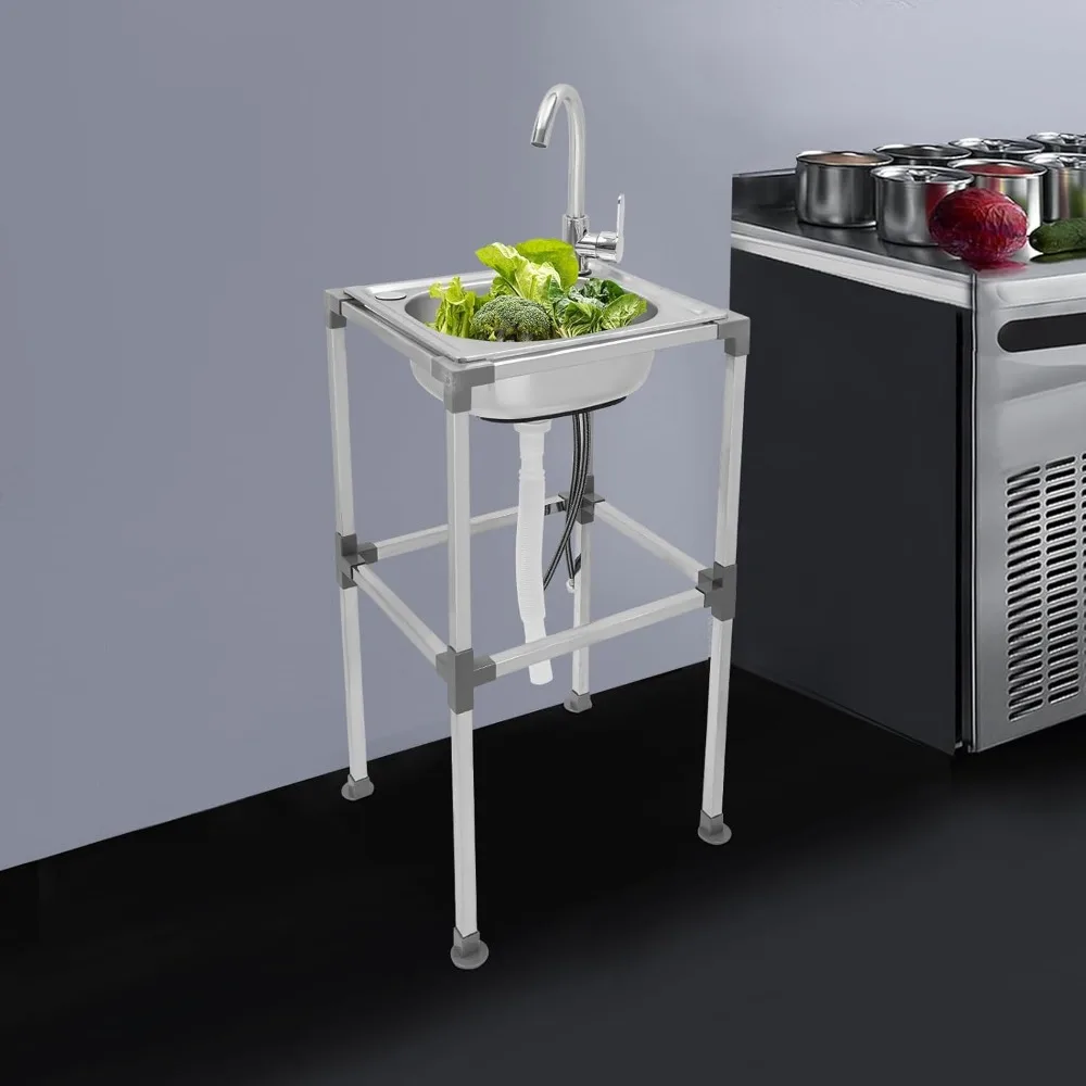 حوض مطبخ ستنلس ستيل حوض غرفة الغسيل 1 مقصورة حوض قائم بذاته ث/صنبور بارد للحديقة بالوعة التجارية 38x33x75 سم