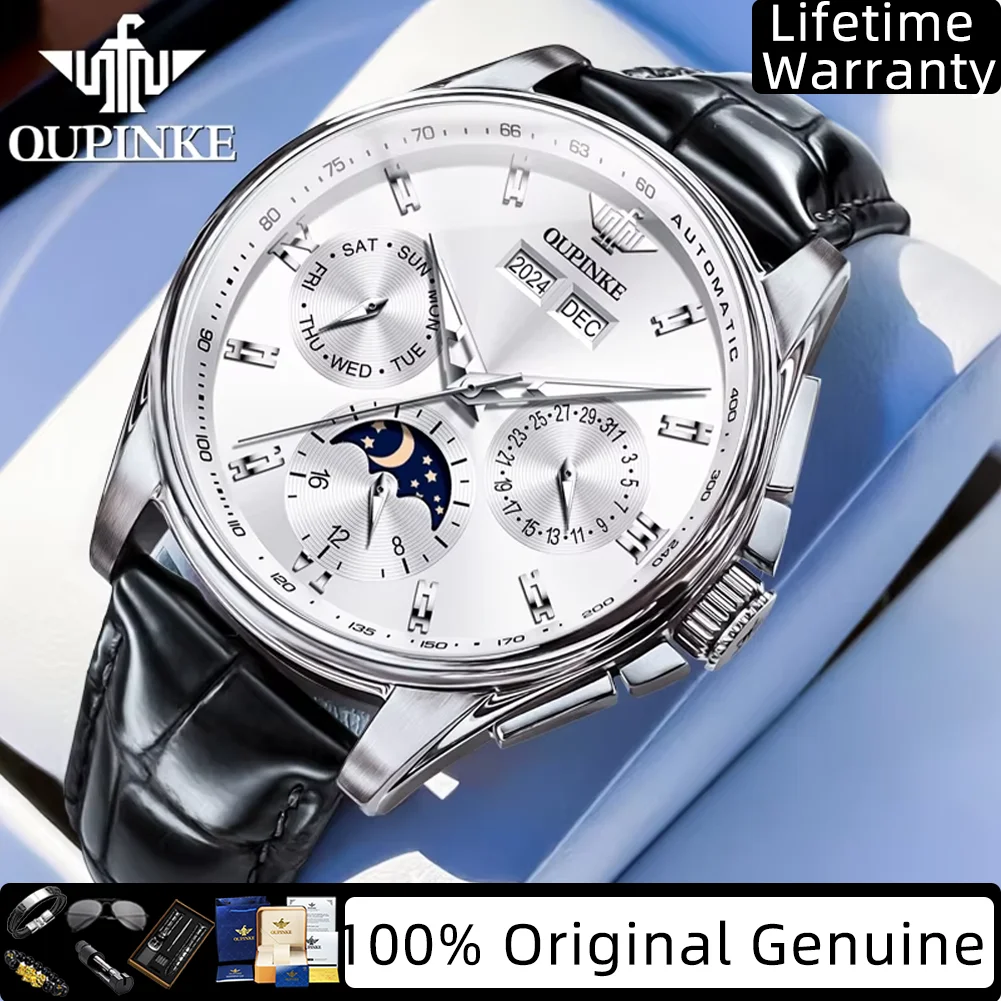 OUPINKE Mens Fully Automatic Mechanical Watch Leather Strap Waterproof Moon Phase Chronograph Top Luxury Original Man Watch 3189