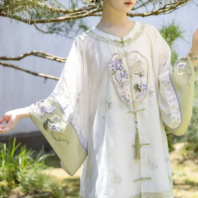 Qing Dynasty Round Neck Printed Long Sleeved Top Horse Face Skirt Traditional Chinese Hanfu Women Elegant Stage Cospaly Costume