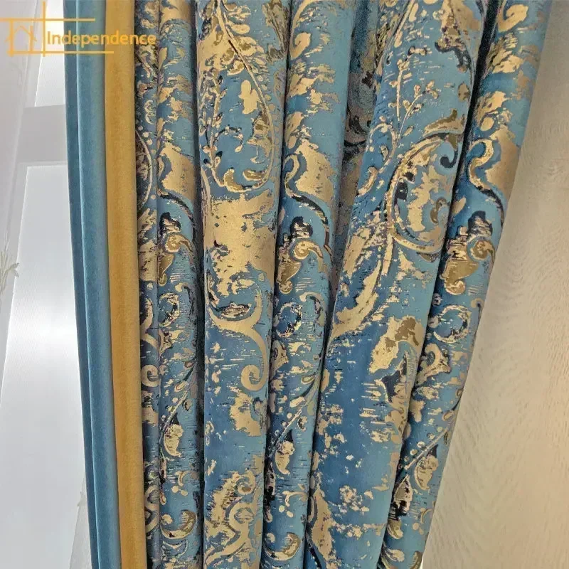 

European-style Minimalist Luxury Blue Carved Printed Velvet Blackout Curtains Curtains for Living Dining Room Bedroom