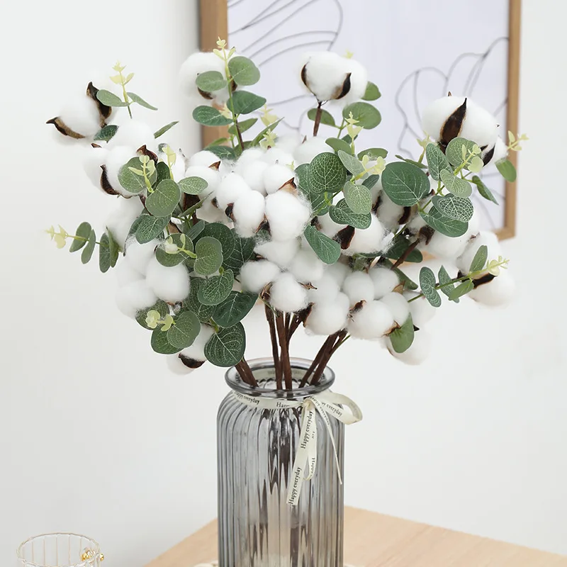 

3pcs Cotton Stems Cotton Flowers 4 Cotton Heads Eucalyptus Leaves Per Stem Cotton Floral Stems for Fall Home Farmhouse Decor