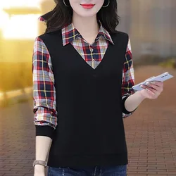 Spring and Autumn Women's Pullover Collar Button Plaid Panel Solid Color Long Sleeve T-shirt Underlay Fashion Elegant Tops