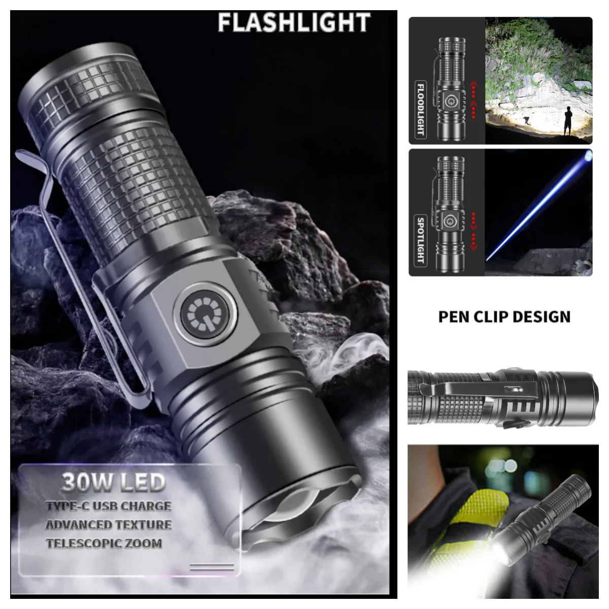 New Product White Laser 30W LED Bright Multi-functional Long-range Flashlight TYPE-C Charging Convenient Mini Flashlight