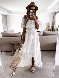 Summer White Dress for Women 2025  Lace Hem Bohemia Short Sleeve High Waist  Dress V-Neck Long Casual Ruffle Dress