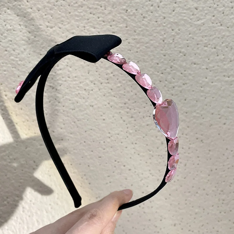 Handmade black bow tie fine pink rhinestone love hair band female internet red new style versatile and age reducing hairhoop