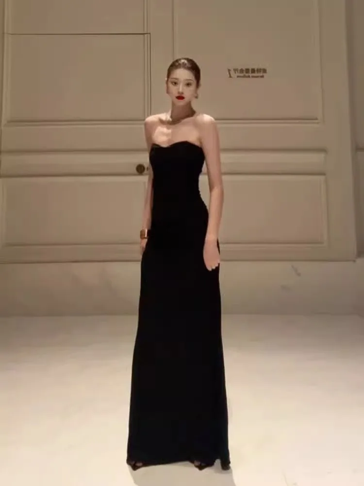 

Черное вечернее платье без бретелек для Нового года и важных мероприятий, женское модное приталенное длинное платье