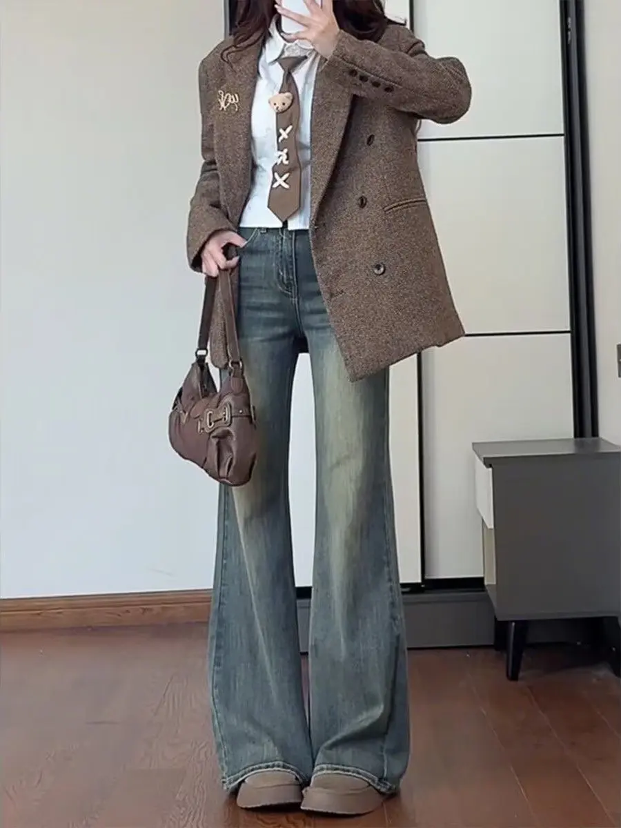 

plus Size Women's American Retro Flared Jeans High Waist Cotton Straight Leg Floor Length Trousers Casual Spring Autumn