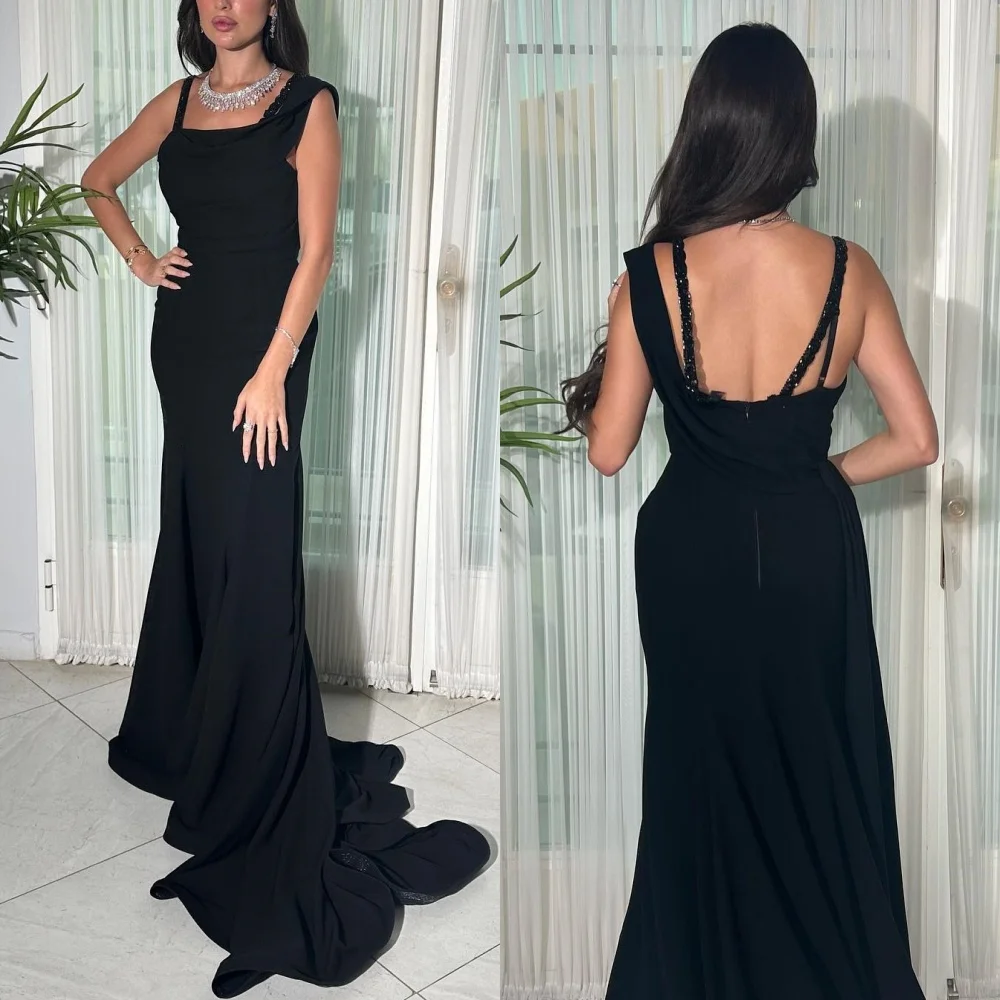 Jersey Sequined Ruched Engagement A-line Square Neck Bespoke Occasion Gown Long Dresses