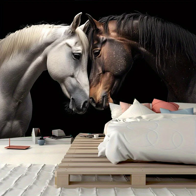 Modern Living Room With Horse Wall Mural Art Decorative 3D Wallpaper Black Background White And Brown Horses Interior Design